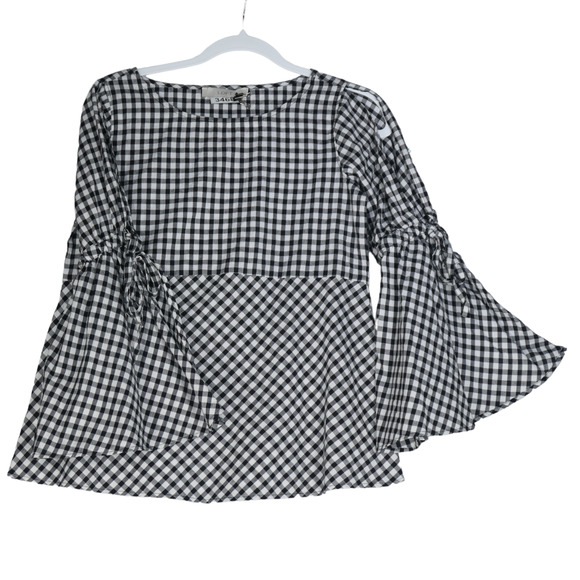 Ann Taylor Loft Blouse Women PS Small Petite Black White Gingham Split Sleeves - Picture 1 of 13